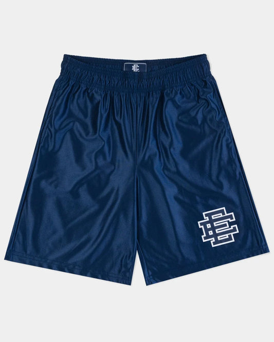 Designer athletic shorts blue with elastic waistband and logo detail on front bottom corner