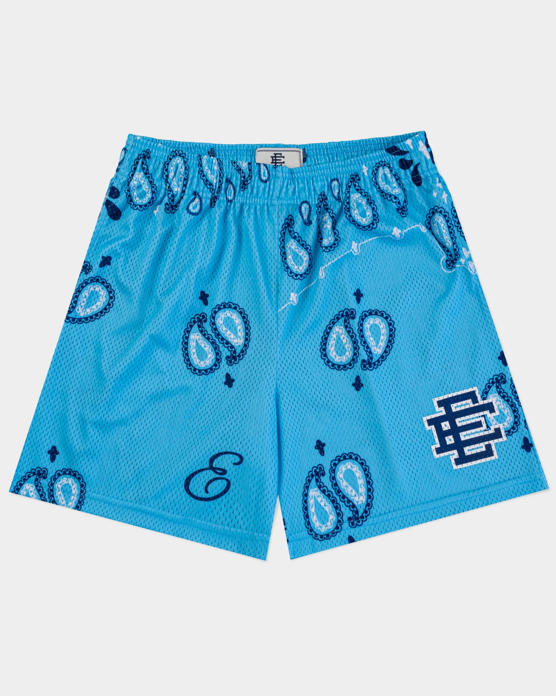 Blue designer athletic shorts for summer with paisley pattern and elastic waistband