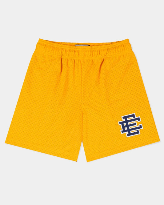 Yellow EE Basic mesh shorts with elastic waistband and logo on front from My Store