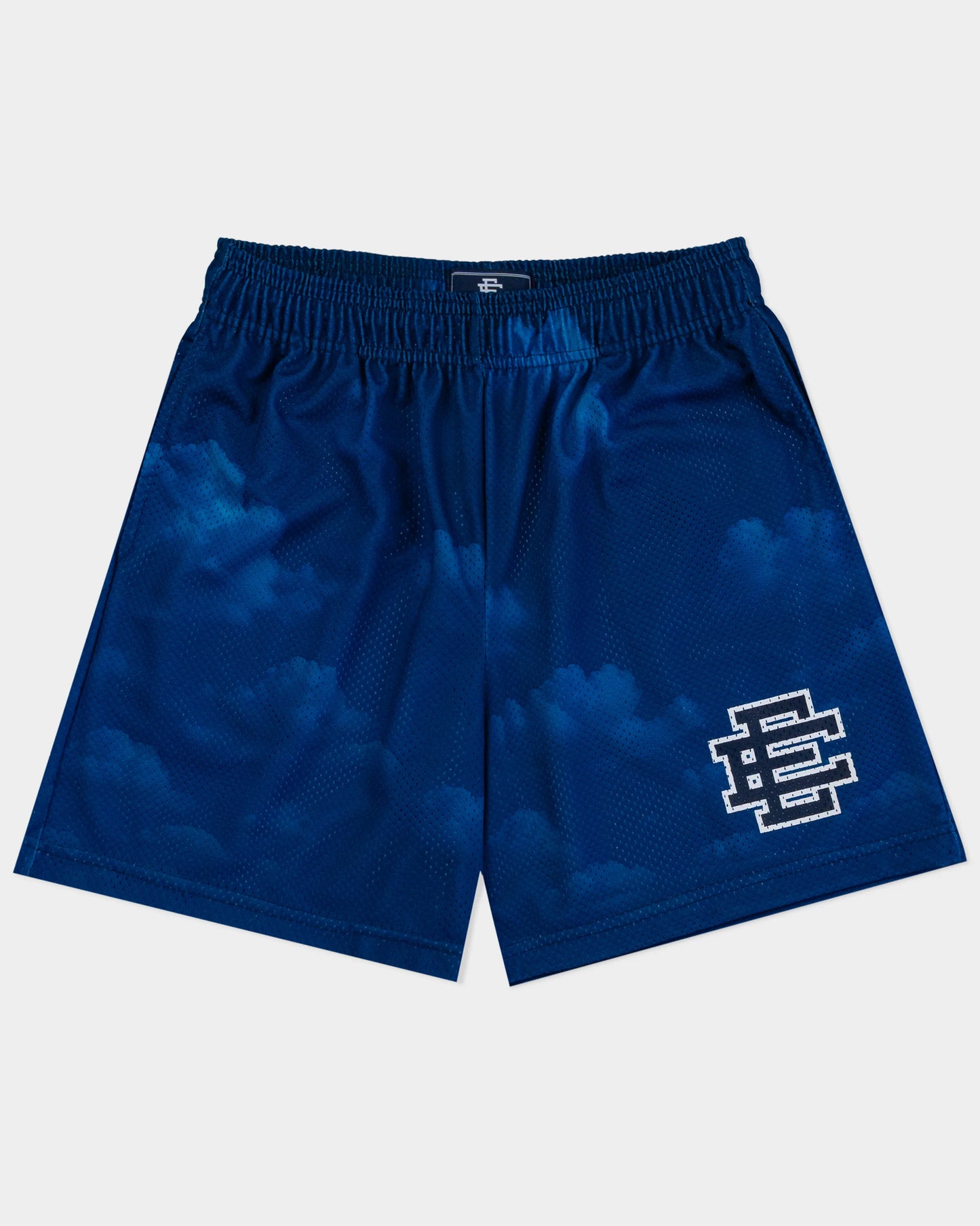 EE Basic Navy athletic shorts with elastic waistband and cloud pattern featuring white logo on leg