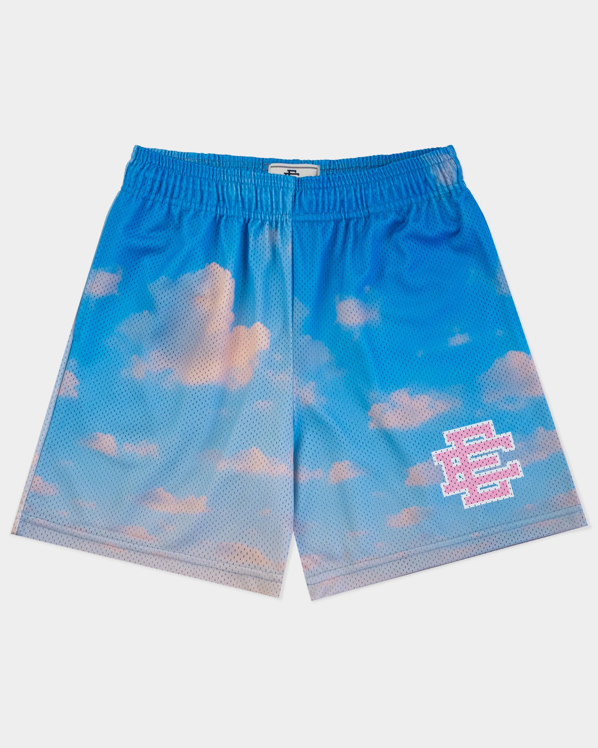 Blue sky and clouds print mens designer athletic shorts with elastic waistband and logo detail