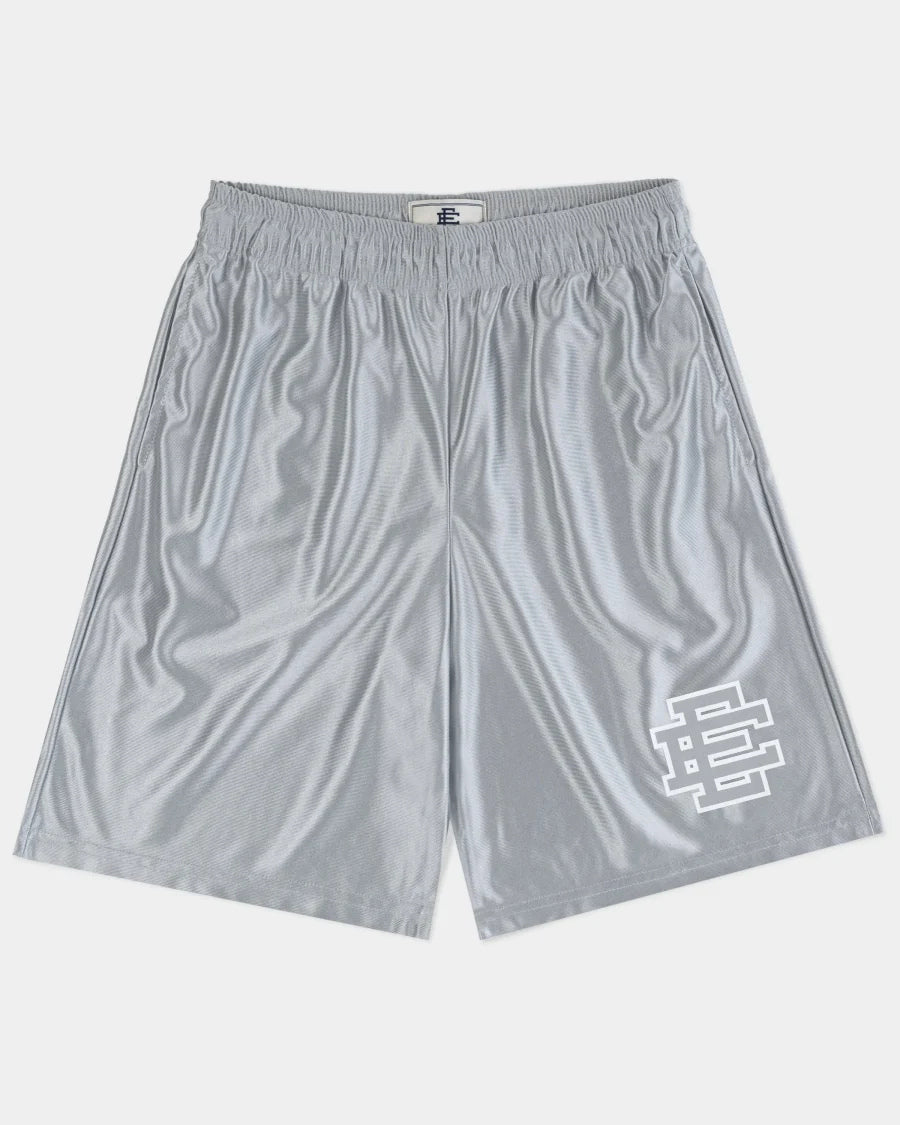 Gray premium baggy athletic shorts with elastic waistband and white logo on left leg